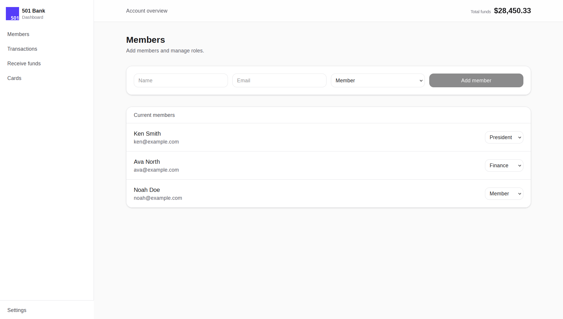 501 Bank Members screen showing roles and current members